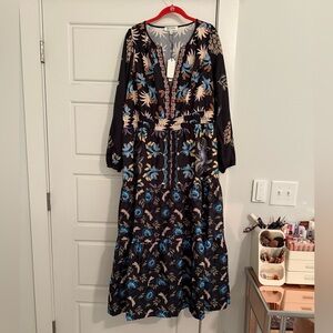 Floral Embroidered Long Sleeve Maxi Dress - Black & Blue